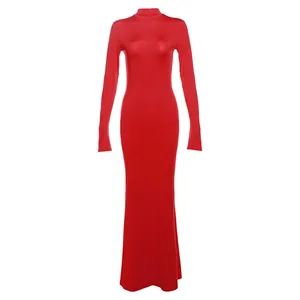 Front view detail of a sexy red long-sleeved mock neck bodycon maxi dress for women