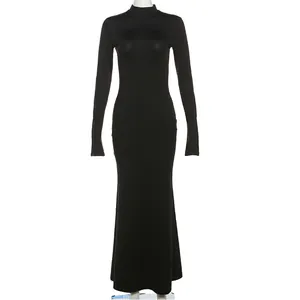 Front view of elegant black slim-fit high-neck long-sleeve maxi bodycon dress for women