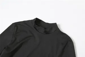 Close-up detail of a black mock neck dress neckline showing the smooth jersey fabric texture.