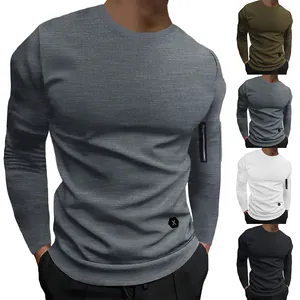 Maglietta da Uomo Slim Fit a Manica Lunga Casual Girocollo Tinta Unita in Poliestere Con Tasca con Cerniera sulla Manica