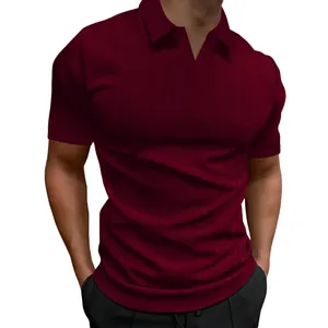 Burgundy short-sleeve polo shirt for men with vertical ribbed texture and V-neck