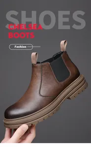 Detailed view of stylish brown leather Chelsea boots with durable thick sole