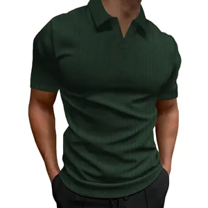 Close-up of men's dark green vertical ribbed polo shirt with V-neck detail