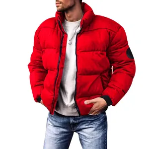 Detailed view of men's red stand-collar thickened puffer jacket with black arm patch