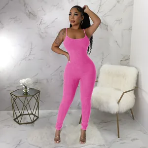 Sexy hot pink ribbed bodycon jumpsuit with spaghetti straps and scoop neck line