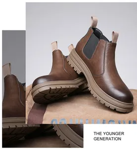 Detailed view of brown British style Chelsea boots for men with thick soles