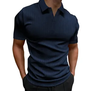 Detail of men's dark blue ribbed V-neck polo shirt with vertical stripes texture