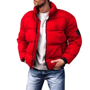 Men's thickened winter puffer jacket with stand collar in vibrant red and arm patch detail