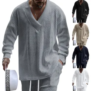 Heren Casual Jacquard Gebreide Trui V-Hals Lange Mouw Ruime Pasvorm Vintage Kabelbreisel Top Mode Herfst Kleding