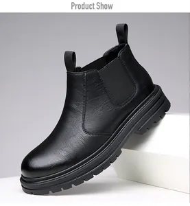 Classic black leather Chelsea boot for men with thick lug sole and elastic side panels
