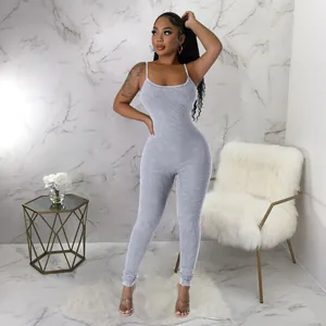 Sexy gray ribbed jumpsuit for women featuring a stylish U-neck and slim spaghetti straps.