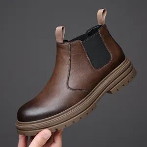 Men Chelsea Boots Recycled Leather British High Top Martin Boots Thick Sole Fleece Lined Warm Non-Slip Casual Shoes