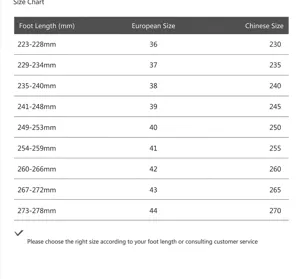 Detailed shoe size chart for men's sneakers comparing foot length with EU and CN sizes