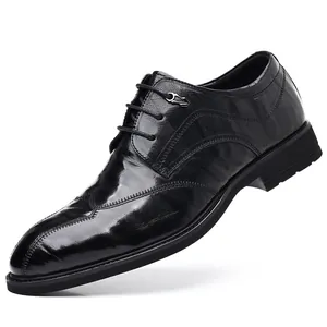 Classic black genuine leather men's formal business oxford shoes with pointed toe design