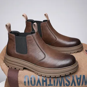 Classic men's brown Chelsea boots with thick lug soles and a vintage leather finish.
