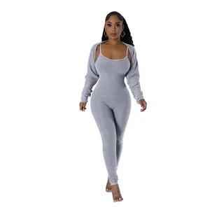 Sexy grey ribbed U-neck jumpsuit set with a matching long sleeve bolero shrug detail