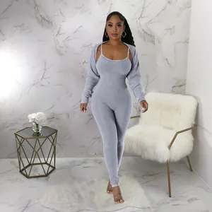 Sexy grey ribbed two-piece jumpsuit set featuring a U-neck bodysuit and matching shrug