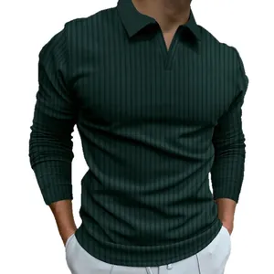 Men's dark green ribbed long-sleeved polo shirt with a casual V-neck and stretch fit