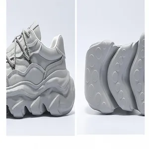 Detail shot of grey chunky dad shoes showing textured leather upper and wavy outsole design.