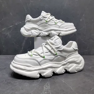 High-quality white leather chunky sneakers featuring a unique dissolved sole design for men