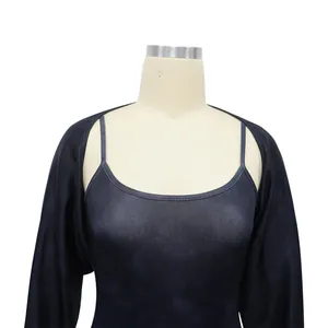 Close-up detail of women's ribbed slim fit jumpsuit set with U-neck and cardigan