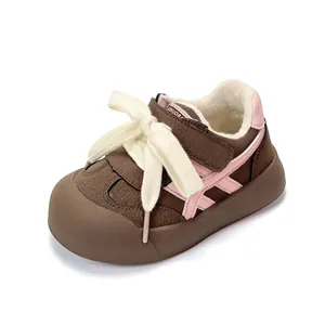 Baskets d'hiver chaudes pour tout-petits, doublées de peluche marron et rose