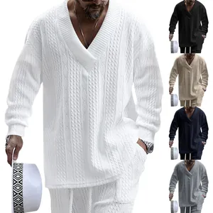 Men's casual V-neck jacquard knitted sweater featuring a loose fit and long sleeves