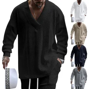 Men's loose V-neck cable knit long sleeve sweater in black with color variant display