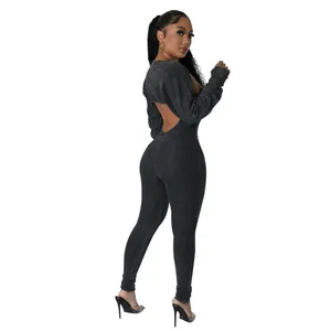 Back view of a sexy dark grey ribbed knit jumpsuit set with open back design