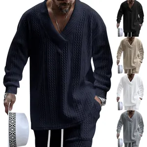 Men's jacquard V-neck knit sweater in various colors with loose fit
