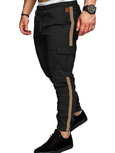 Detailed side view of men's black cargo pants with khaki side stripe and pockets.