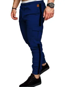 Close-up detail of men's navy blue cargo pants with black side stripe and multi-pockets