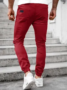 Back view of men's burgundy slim-fit cargo joggers with elasticated ankle cuffs