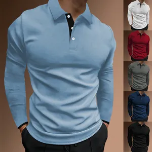 Polo à Manches Longues pour Hommes à Rayures Verticales Texturé Col Montant Élastique Coupe Slim Décontracté Sport Haut