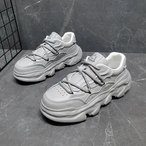 Modern grey leather chunky sneakers with dissolved sole design and thick rope laces