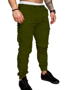 Close-up detail of men's olive green cargo jogger pants featuring multi-pockets and cuffs.