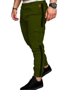 Detailed view of men's olive green cargo pants with black side stripe and multi-pockets.
