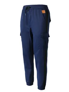 Men's navy blue casual cargo pants with black side stripe and multi-pocket design