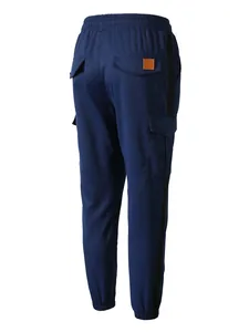 Detailed back view of navy blue men's cargo pants with black side stripes and pockets