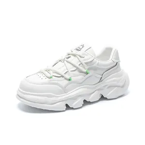 Stylish white genuine leather chunky dad sneakers with thick platform soles for men
