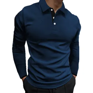 Polo manches longues coupe ajustée pour homme en bleu marine avec tissu stretch