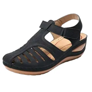 Comfortable vintage black closed-toe wedge sandals with hollow-out design for women