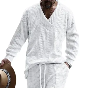 Men's white cable knit v-neck sweater and matching pants set in a loose casual fit