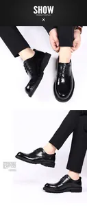 Side and top view of men's black business casual leather shoes with thick soles.