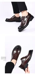 Detailed views of premium brown glossy leather derby shoes with thick soles for men.