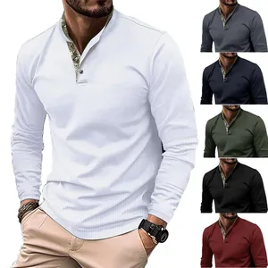 Herren Waffelstrick Langarm Polo Shirt Doppelter Stehkragen Patchwork Einfarbig Lässig Bequem Polyester Tops