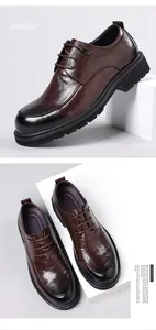 Close-up detail of premium dark brown men's leather business shoes with thick black soles