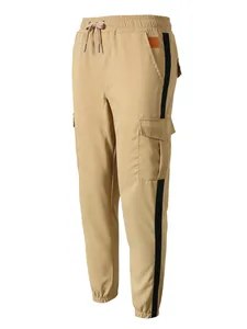 Men's khaki cargo joggers featuring black side stripes and drawstring elastic waist