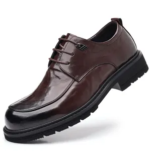 Classic men's brown genuine leather business casual derby shoes with thick black sole
