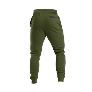 Back view of olive green men's joggers featuring a secure zipped pocket and ribbed cuffs.
